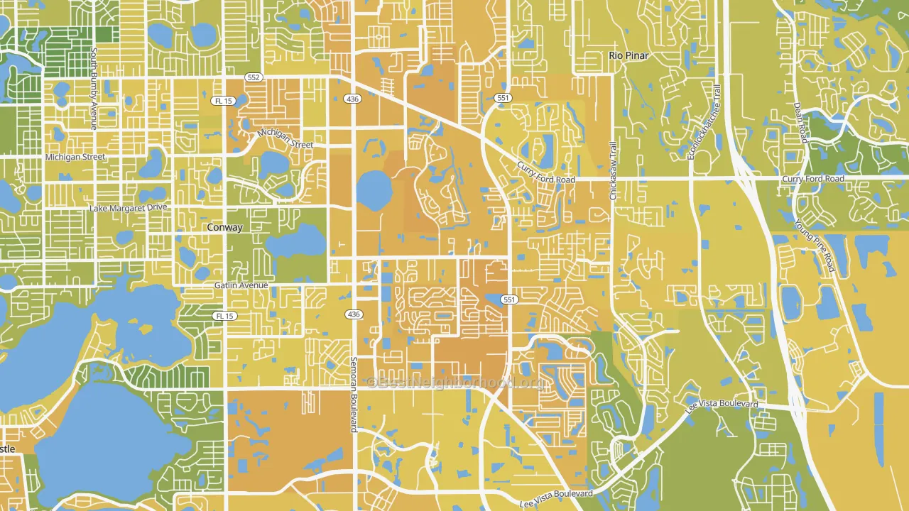 Map of the best neighborhoods in the 32822 area, with better matches in green and worse matches in red