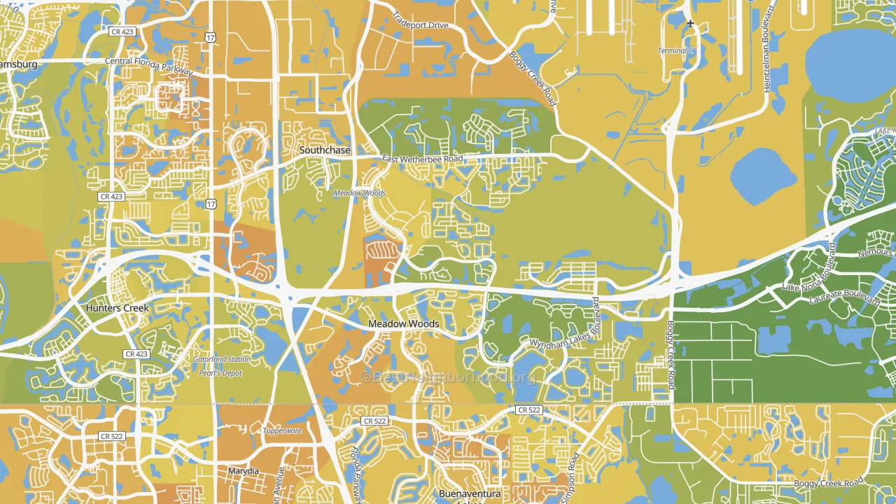 Map of the best neighborhoods in the 32824 area, with better matches in green and worse matches in red