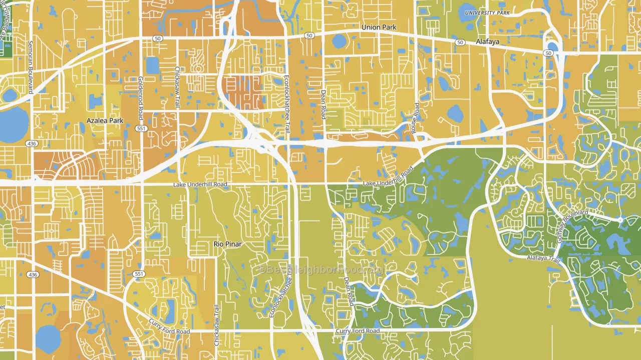 Map of the best neighborhoods in the 32825 area, with better matches in green and worse matches in red
