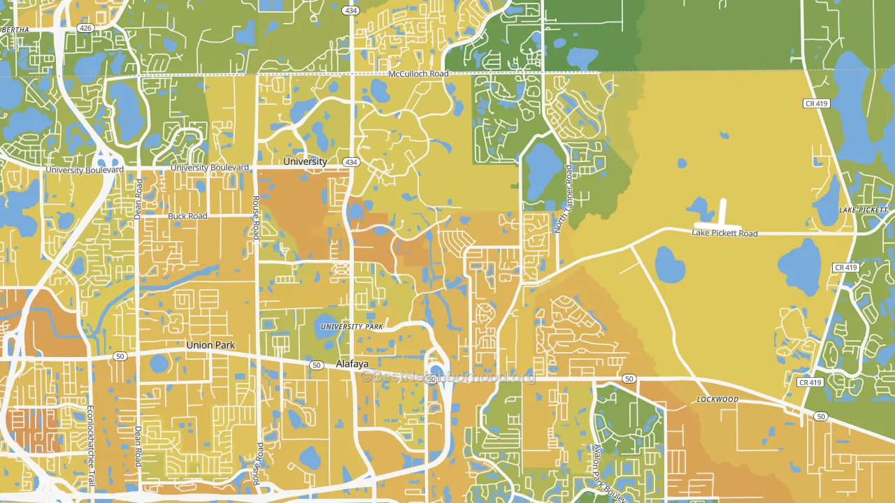 Map of the best neighborhoods in the 32826 area, with better matches in green and worse matches in red