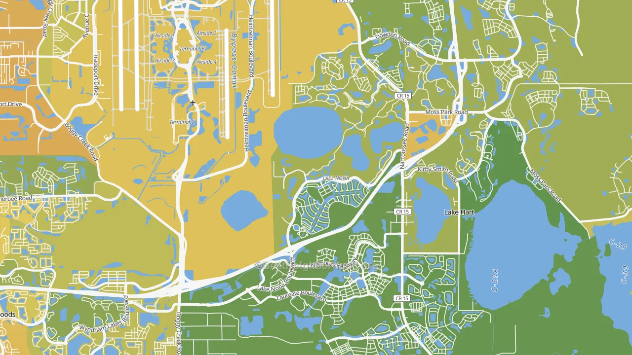 Map of the best neighborhoods in the 32827 area, with better matches in green and worse matches in red