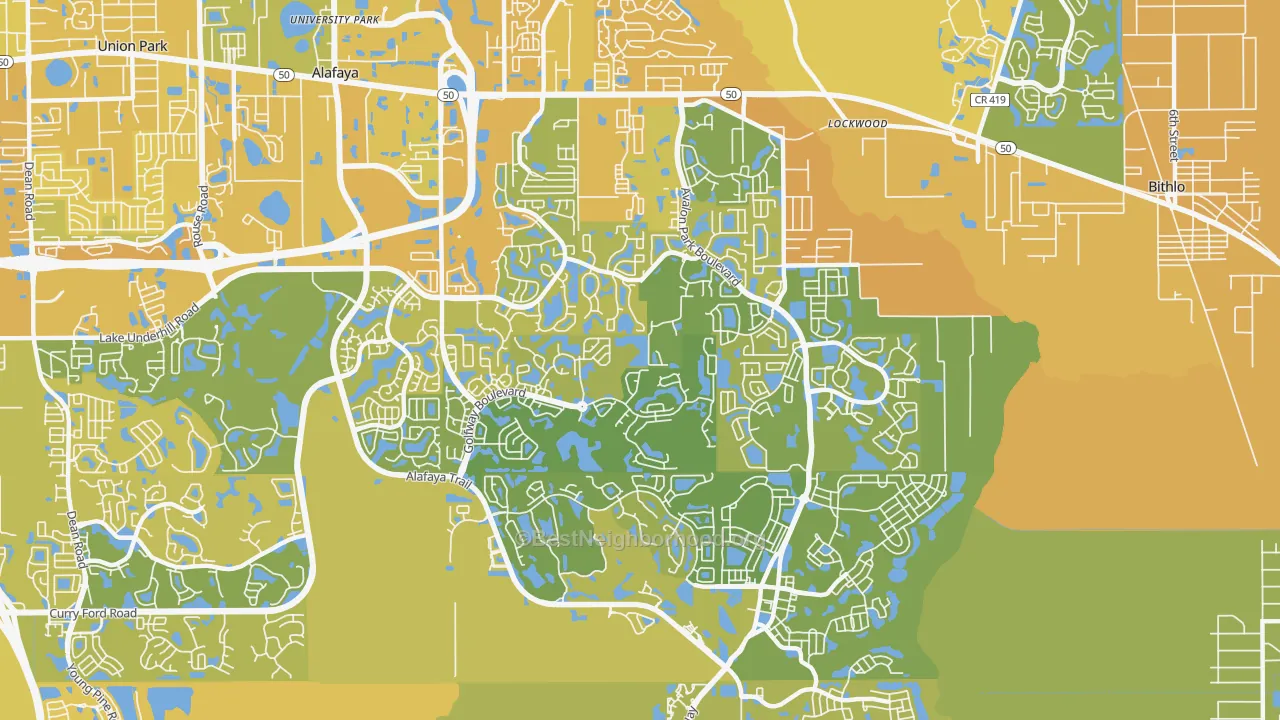 Map of the best neighborhoods in the 32828 area, with better matches in green and worse matches in red