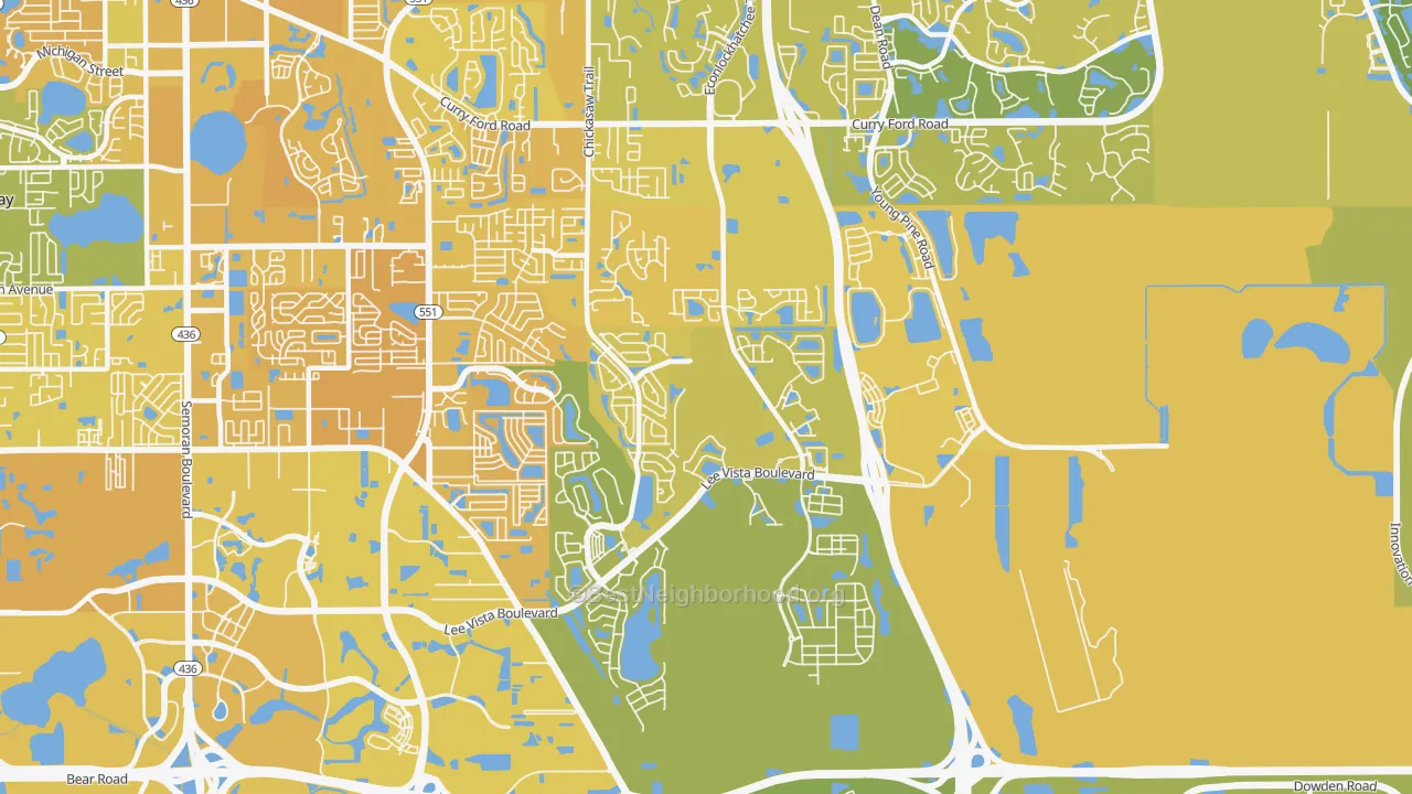 Map of the best neighborhoods in the 32829 area, with better matches in green and worse matches in red