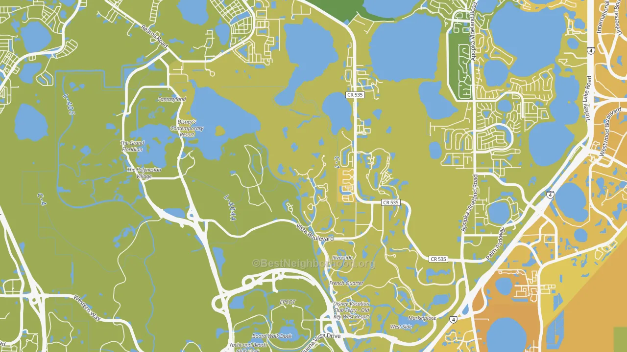 Map of the best neighborhoods in the 32830 area, with better matches in green and worse matches in red
