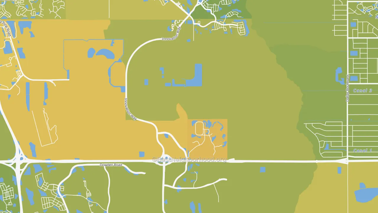 Map of the best neighborhoods in the 32831 area, with better matches in green and worse matches in red