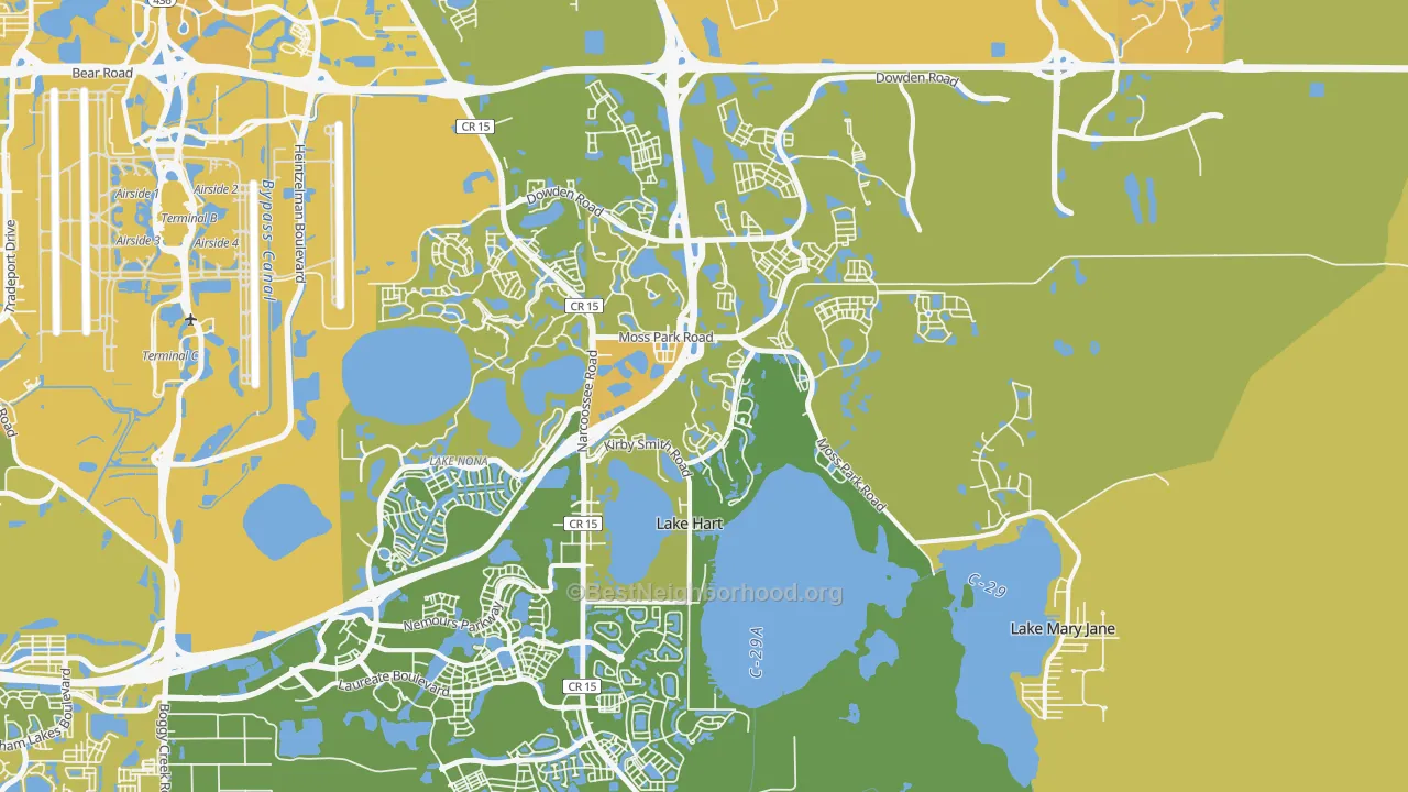 Map of the best neighborhoods in the 32832 area, with better matches in green and worse matches in red