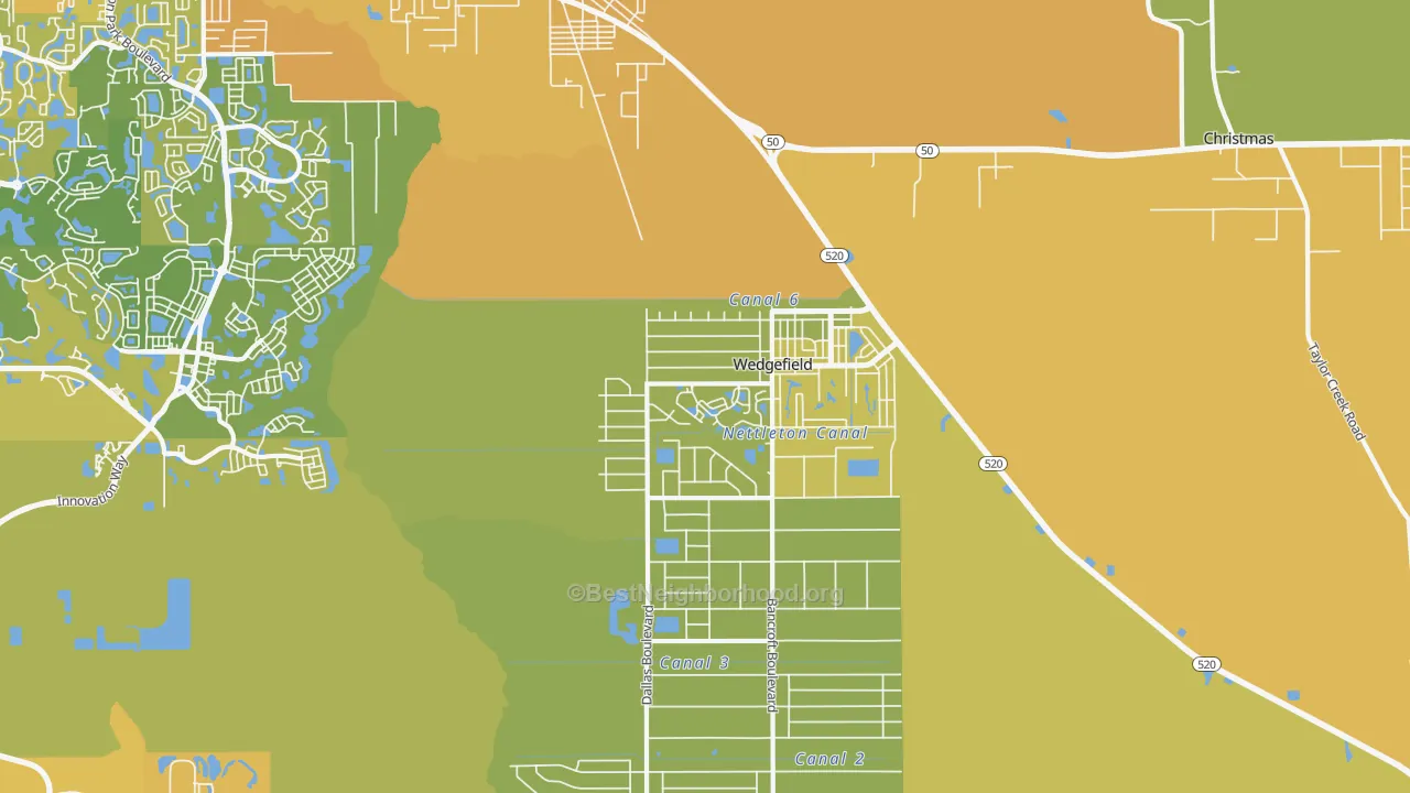 Map of the best neighborhoods in the 32833 area, with better matches in green and worse matches in red