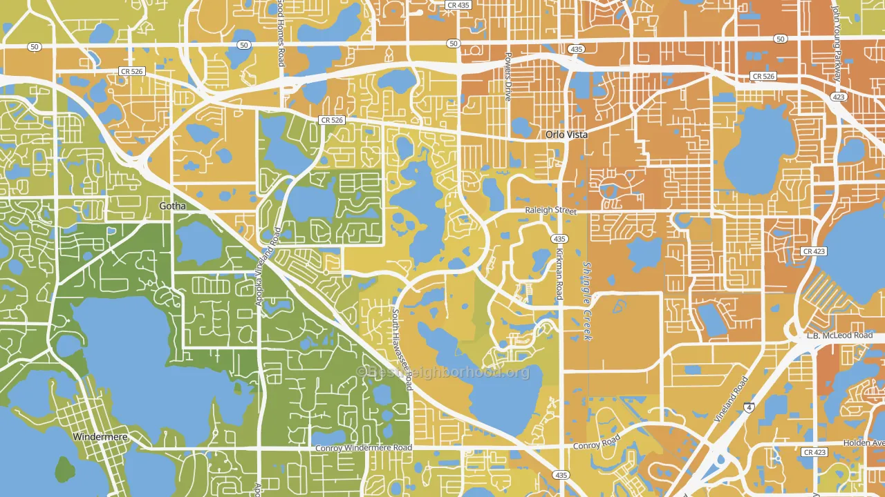 Map of the best neighborhoods in the 32835 area, with better matches in green and worse matches in red