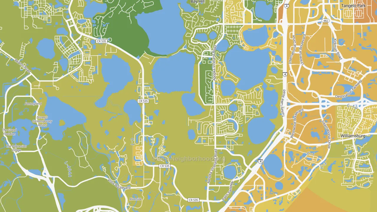 Map of the best neighborhoods in the 32836 area, with better matches in green and worse matches in red