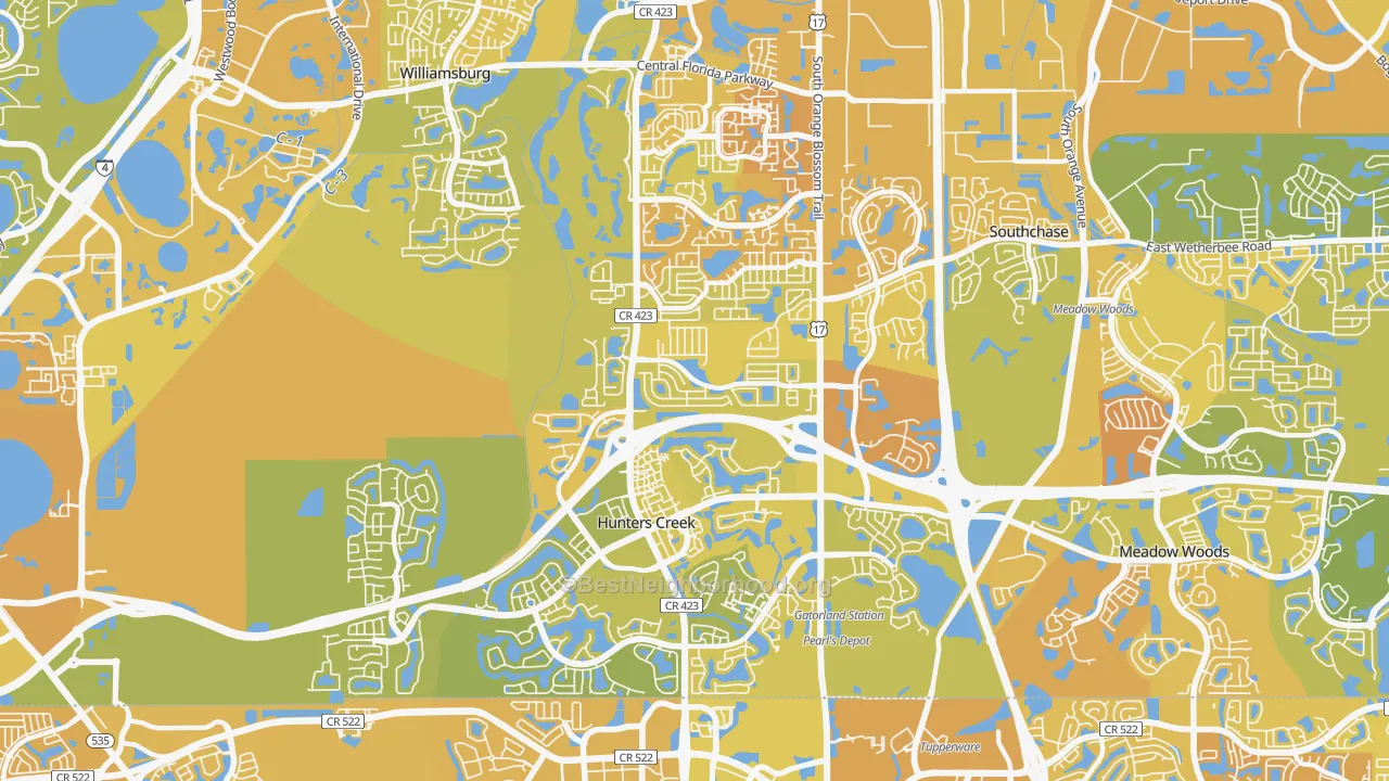 Map of the best neighborhoods in the 32837 area, with better matches in green and worse matches in red