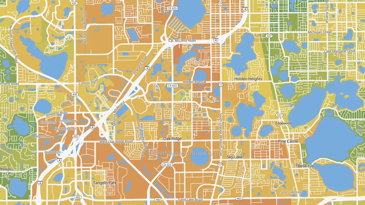 Map of the best neighborhoods in the 32839 area, with better matches in green and worse matches in red