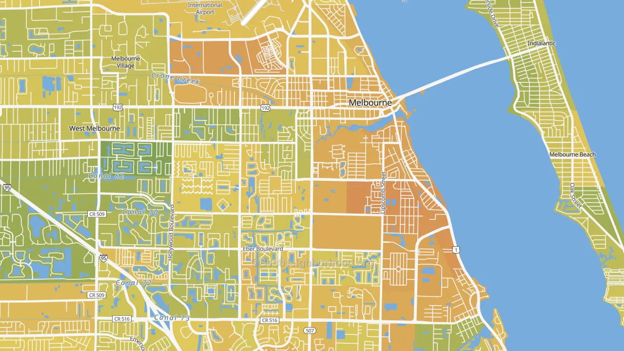 Map of the best neighborhoods in the 32901 area, with better matches in green and worse matches in red
