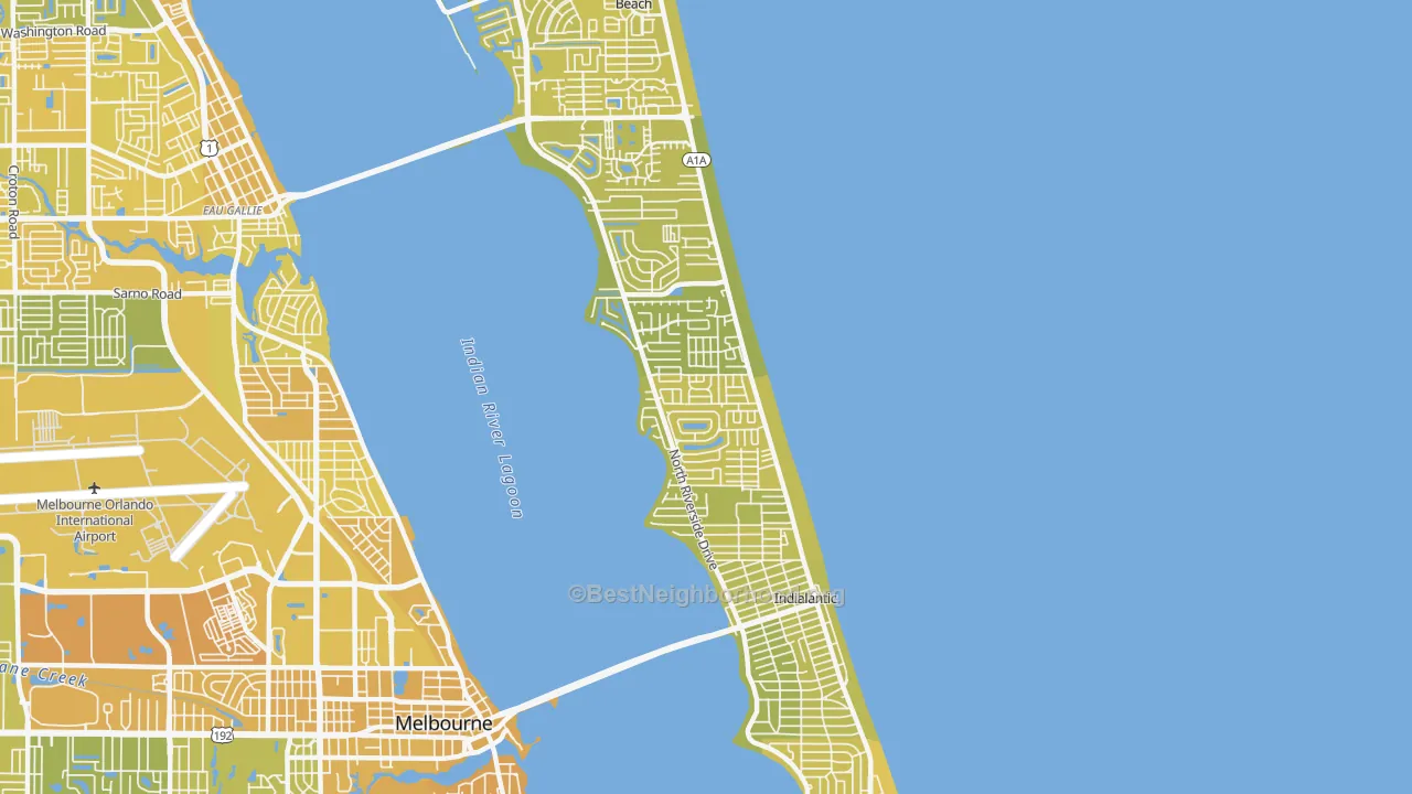 Map of the best neighborhoods in the 32903 area, with better matches in green and worse matches in red