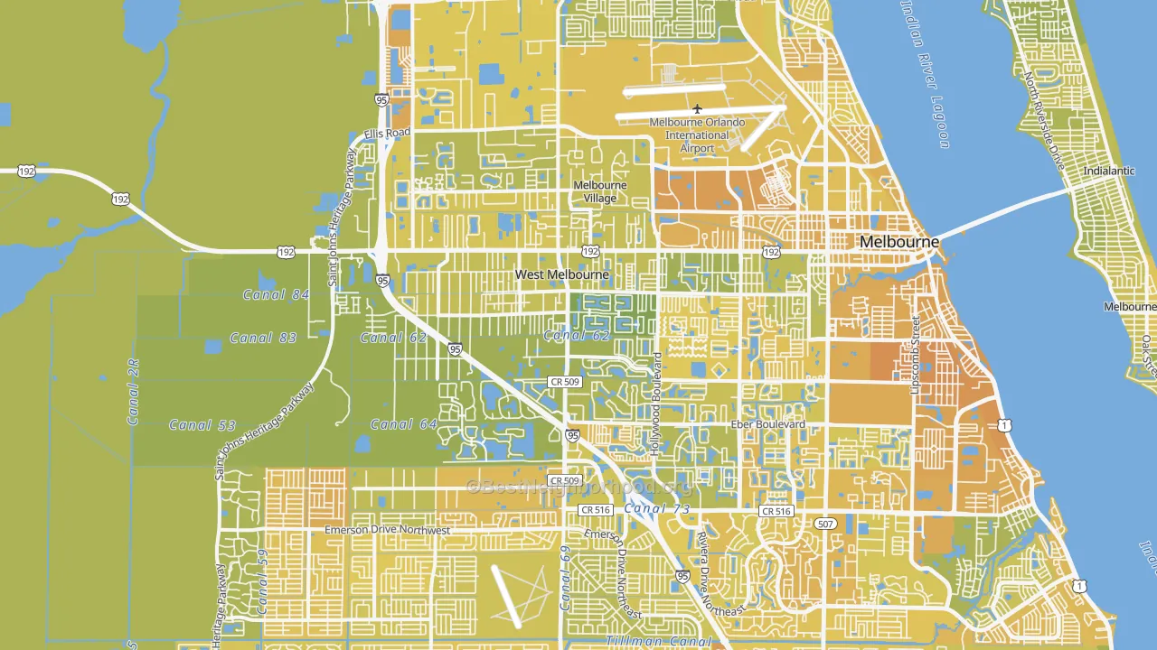 Map of the best neighborhoods in the 32904 area, with better matches in green and worse matches in red