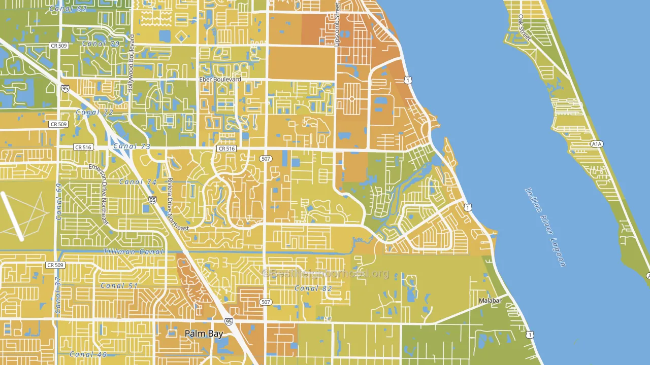 Map of the best neighborhoods in the 32905 area, with better matches in green and worse matches in red