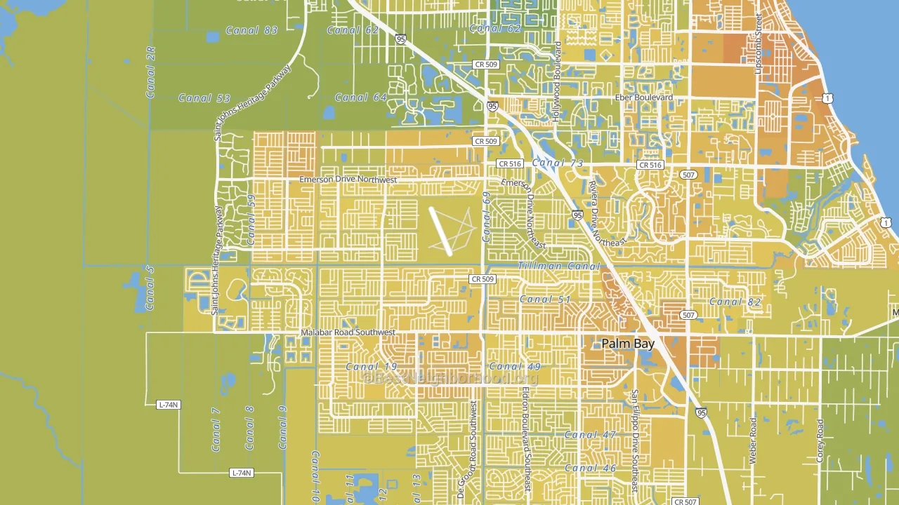 Map of the best neighborhoods in the 32907 area, with better matches in green and worse matches in red