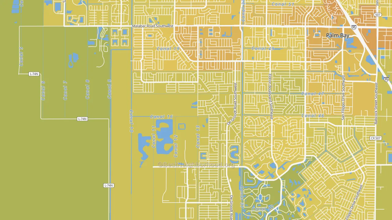 Map of the best neighborhoods in the 32908 area, with better matches in green and worse matches in red