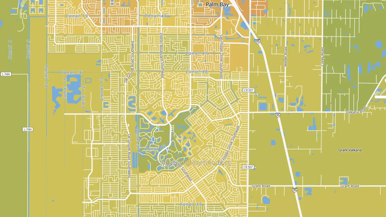 Map of the best neighborhoods in the 32909 area, with better matches in green and worse matches in red