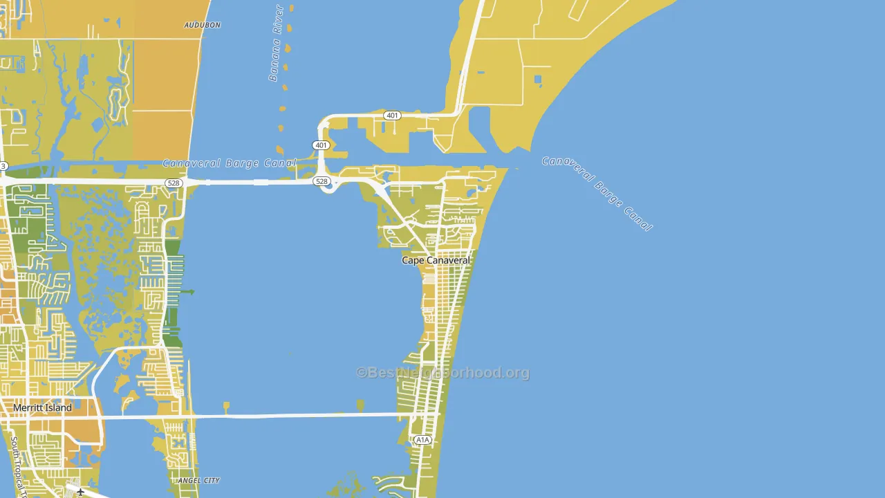 Map of the best neighborhoods in the 32920 area, with better matches in green and worse matches in red