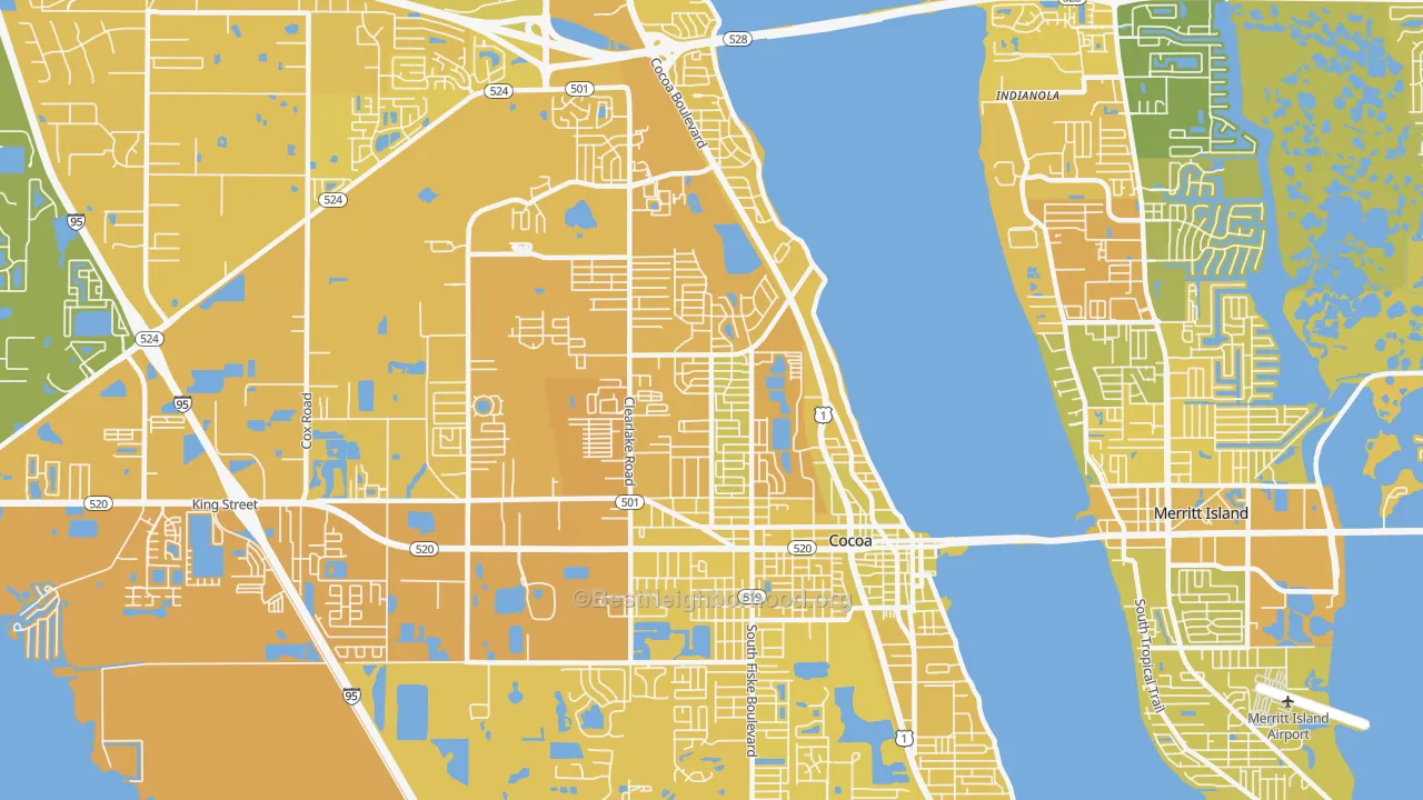 Map of the best neighborhoods in the 32922 area, with better matches in green and worse matches in red