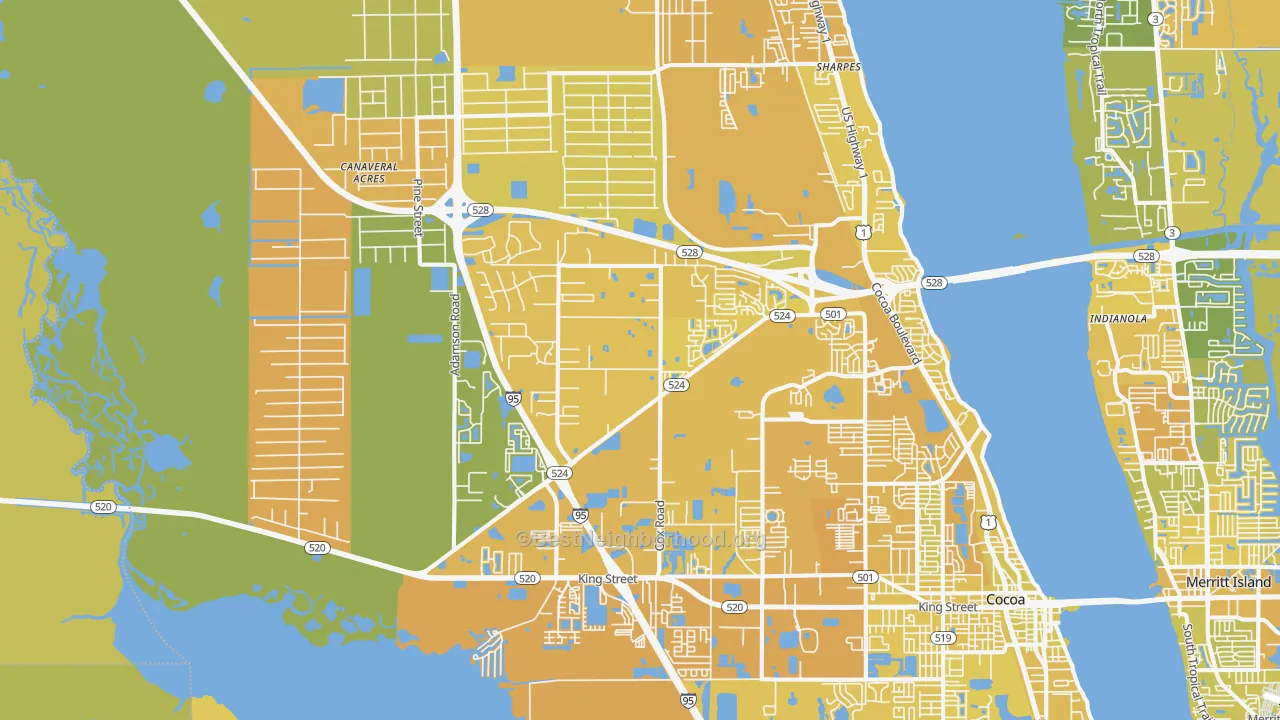 Map of the best neighborhoods in the 32926 area, with better matches in green and worse matches in red
