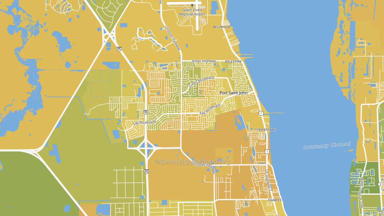 Map of the best neighborhoods in the 32927 area, with better matches in green and worse matches in red