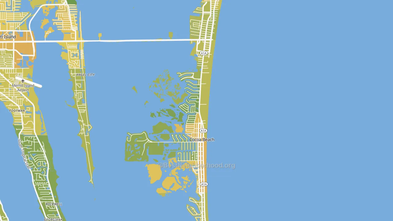 Map of the best neighborhoods in the 32931 area, with better matches in green and worse matches in red