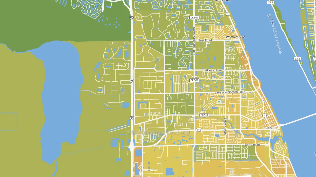 Map of the best neighborhoods in the 32934 area, with better matches in green and worse matches in red