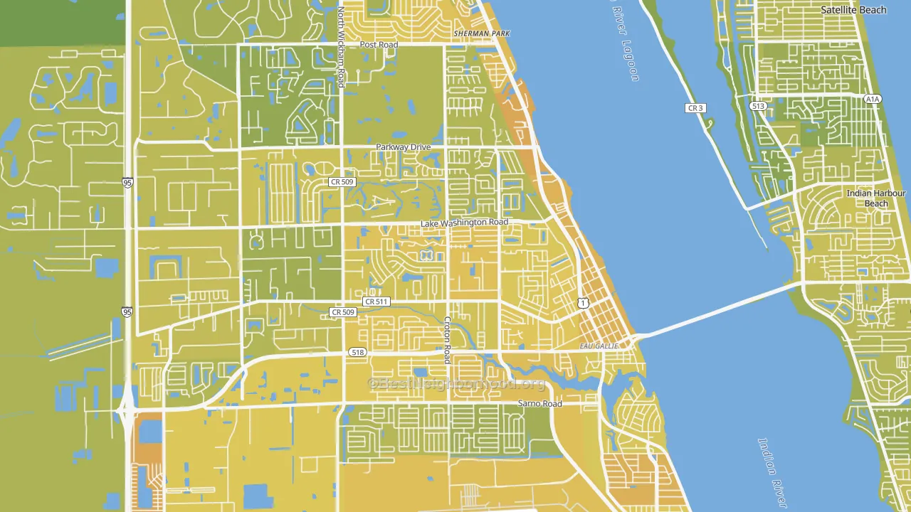 Map of the best neighborhoods in the 32935 area, with better matches in green and worse matches in red