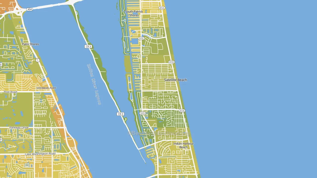 Map of the best neighborhoods in the 32937 area, with better matches in green and worse matches in red