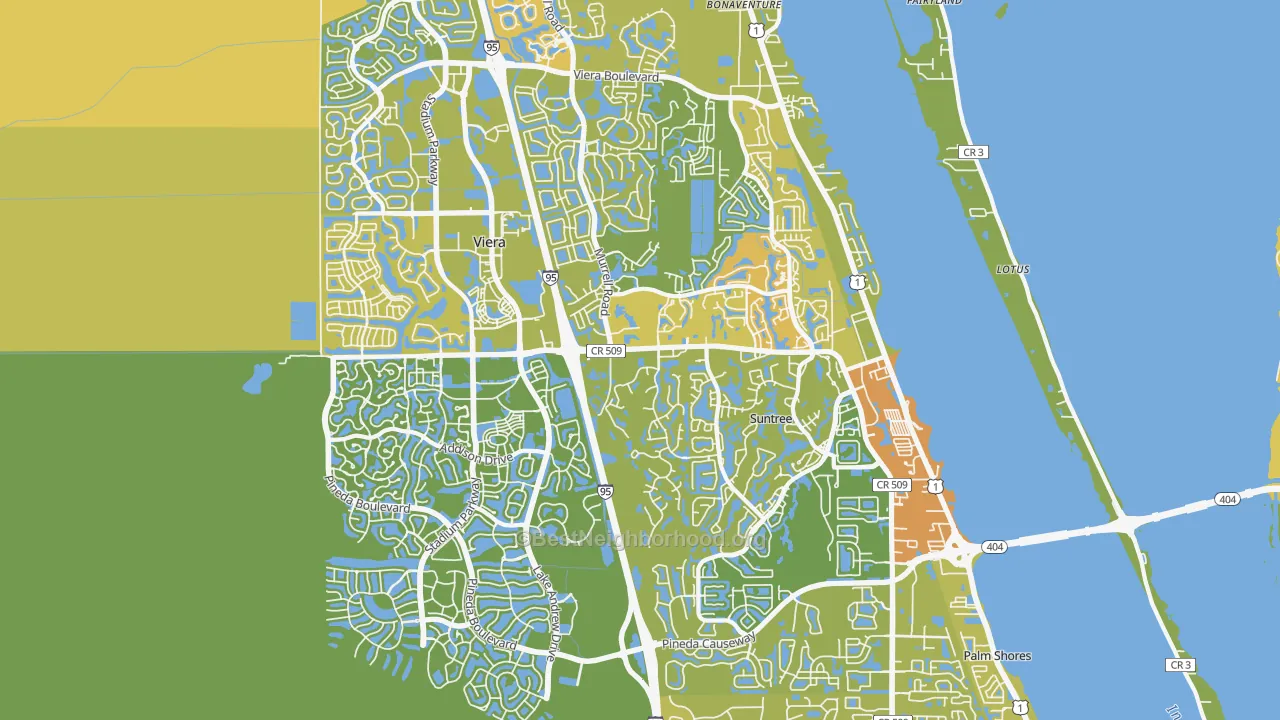 Map of the best neighborhoods in the 32940 area, with better matches in green and worse matches in red