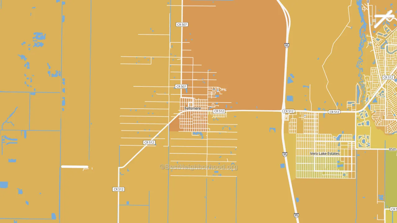 Map of the best neighborhoods in the 32948 area, with better matches in green and worse matches in red