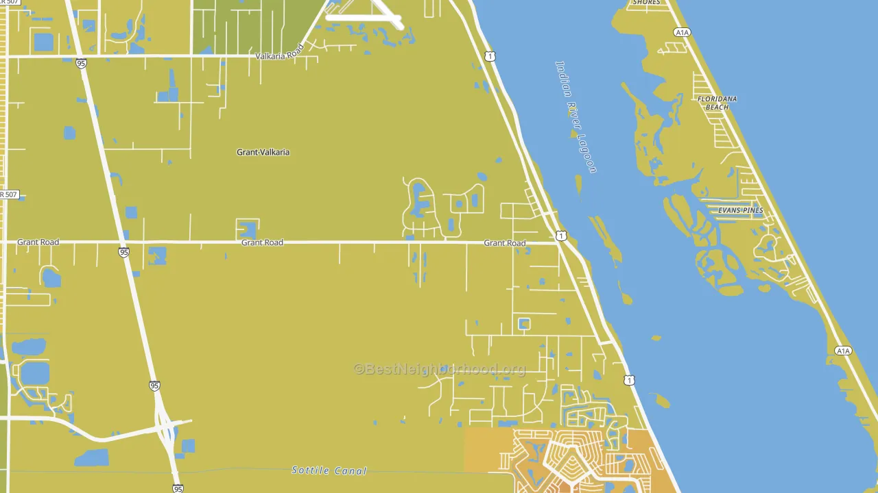 Map of the best neighborhoods in the 32949 area, with better matches in green and worse matches in red