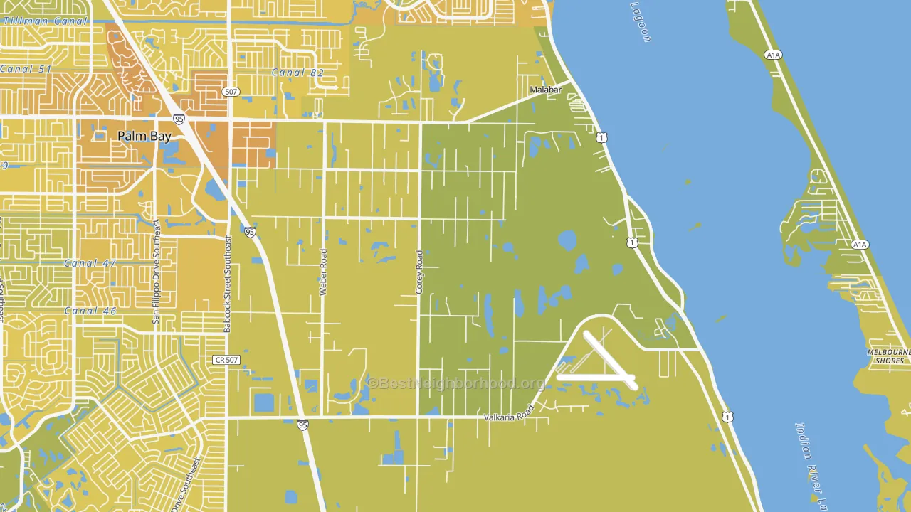 Map of the best neighborhoods in the 32950 area, with better matches in green and worse matches in red