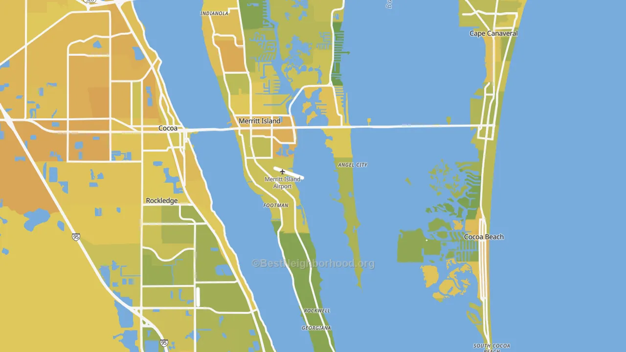 Map of the best neighborhoods in the 32952 area, with better matches in green and worse matches in red