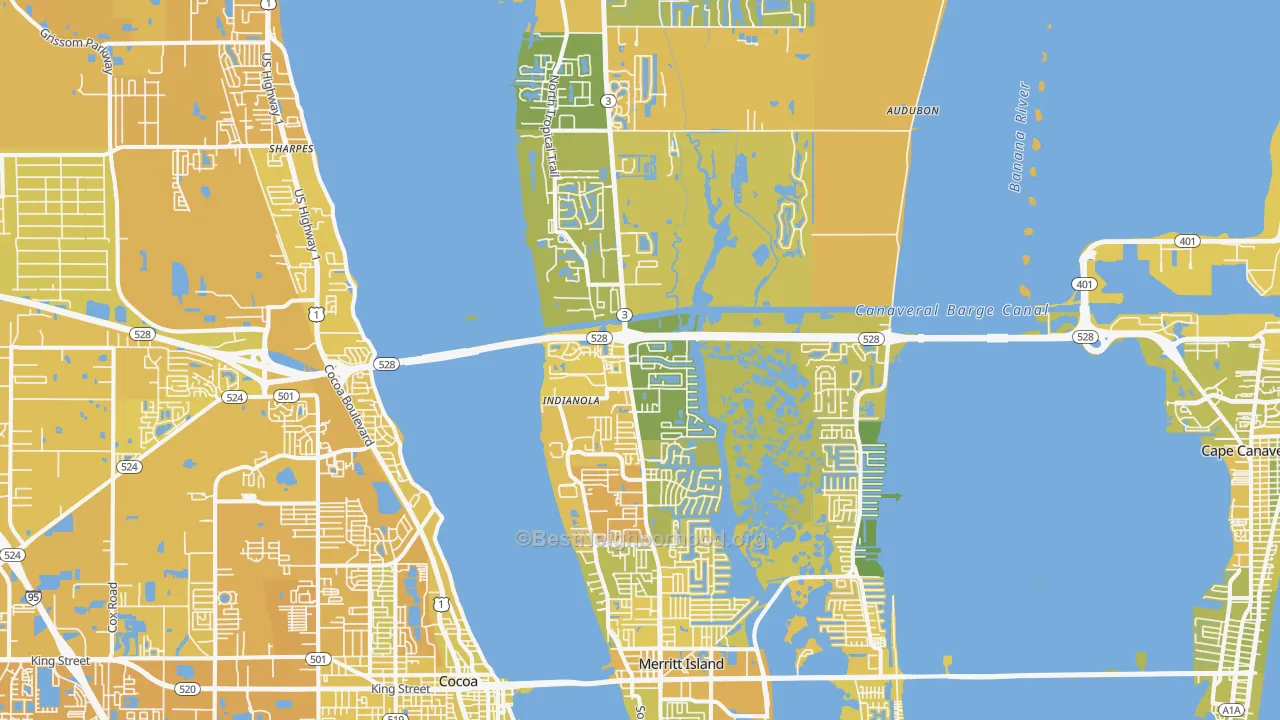 Map of the best neighborhoods in the 32953 area, with better matches in green and worse matches in red