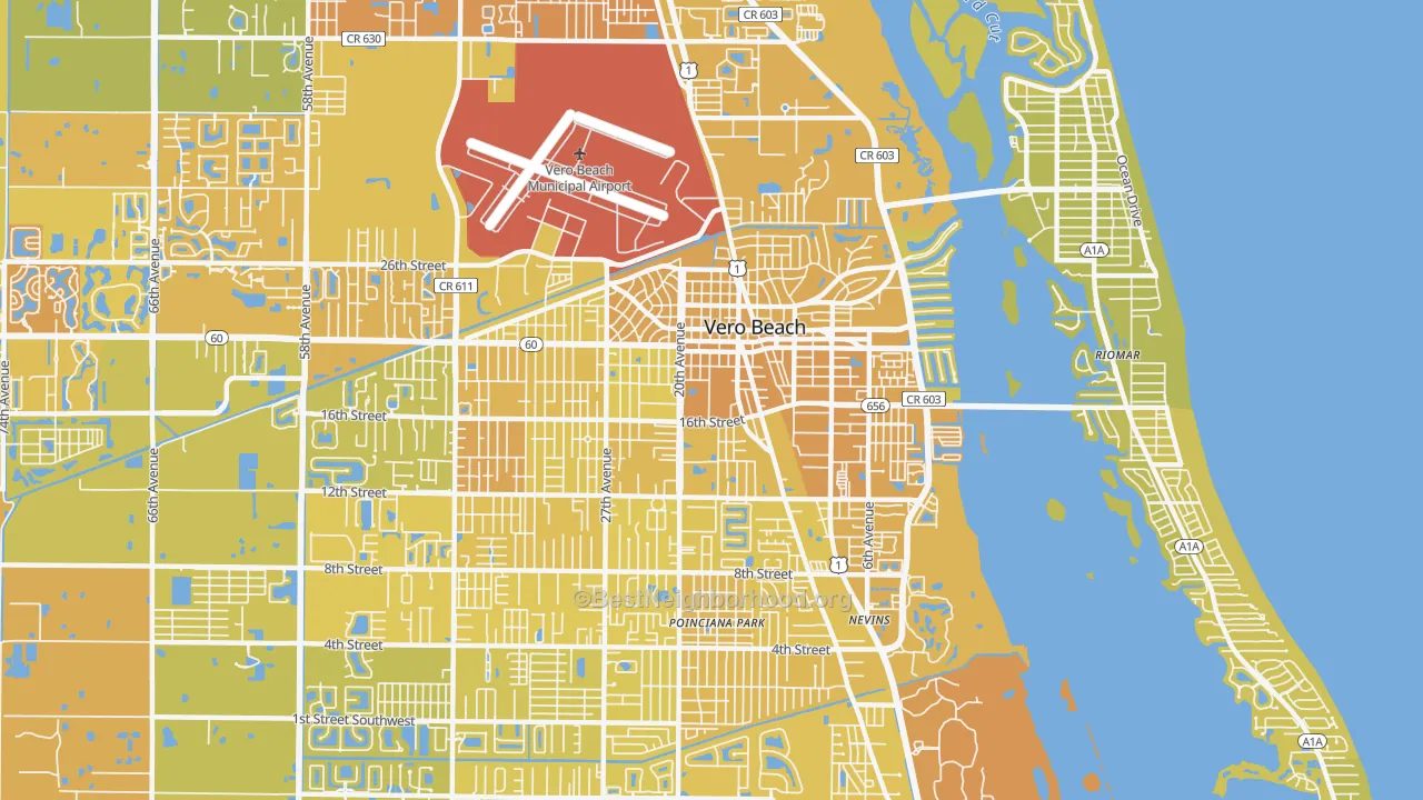 Map of the best neighborhoods in the 32960 area, with better matches in green and worse matches in red