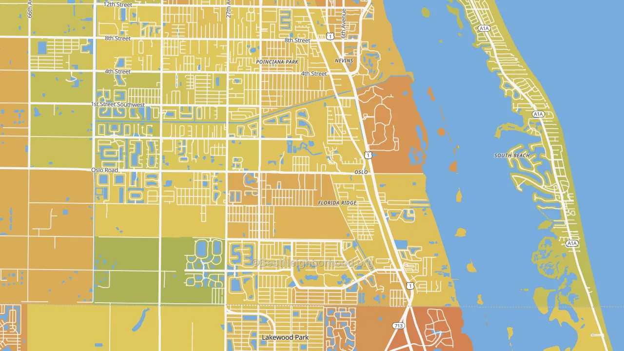Map of the best neighborhoods in the 32962 area, with better matches in green and worse matches in red