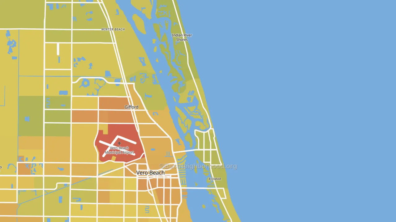 Map of the best neighborhoods in the 32963 area, with better matches in green and worse matches in red