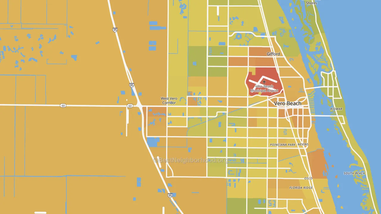 Map of the best neighborhoods in the 32966 area, with better matches in green and worse matches in red