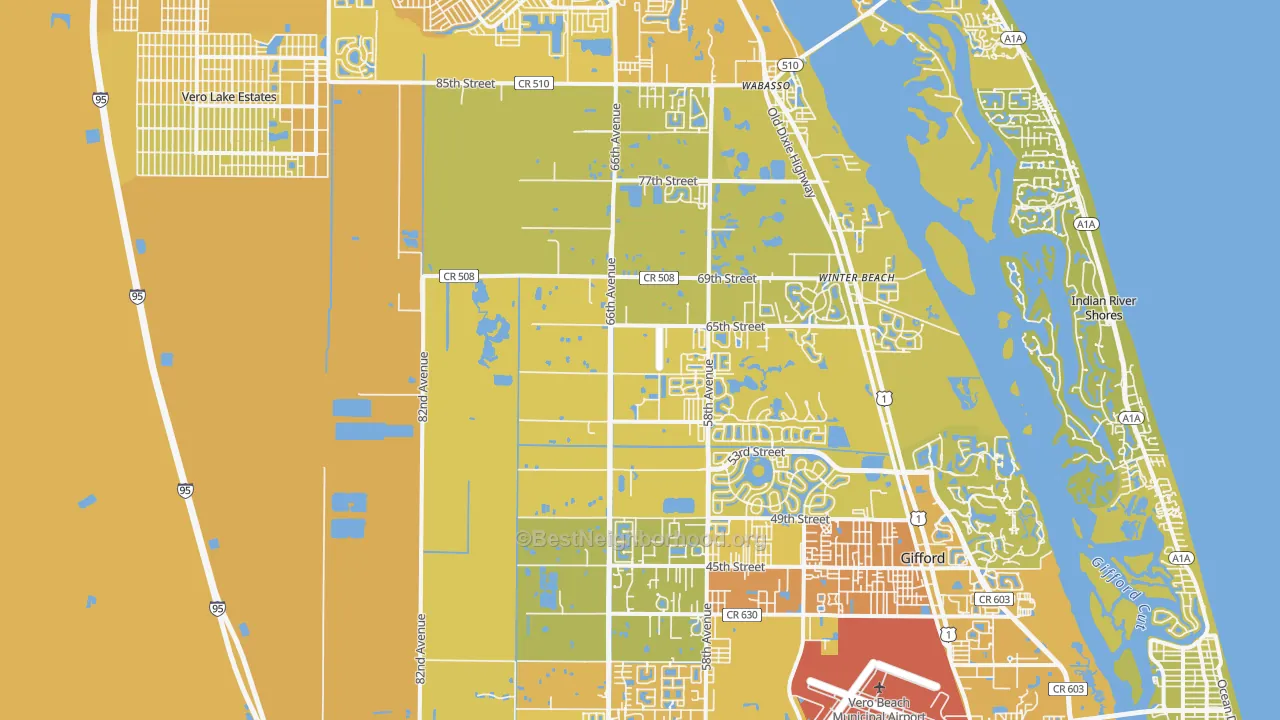 Map of the best neighborhoods in the 32967 area, with better matches in green and worse matches in red
