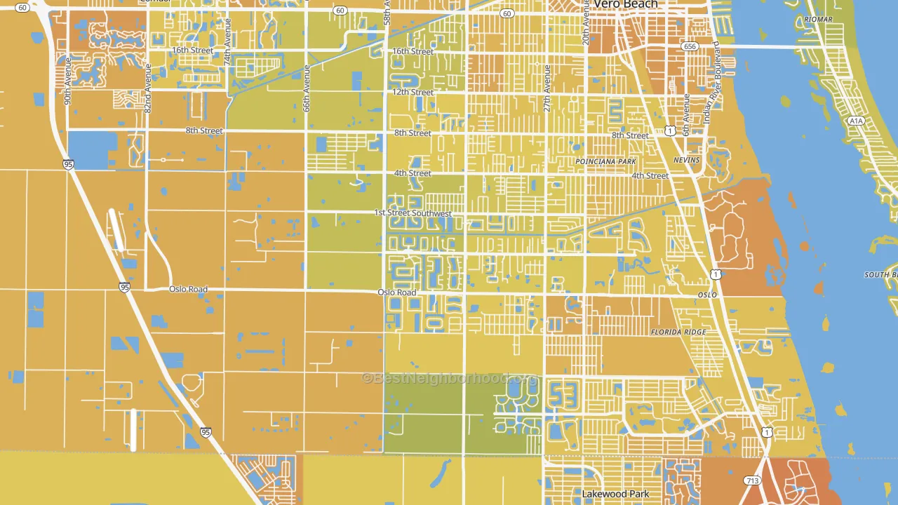 Map of the best neighborhoods in the 32968 area, with better matches in green and worse matches in red