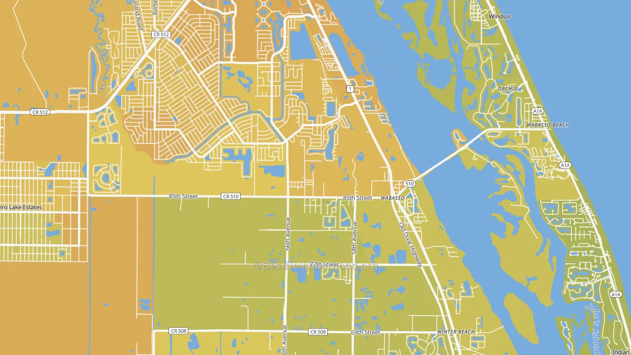 Map of the best neighborhoods in the 32970 area, with better matches in green and worse matches in red