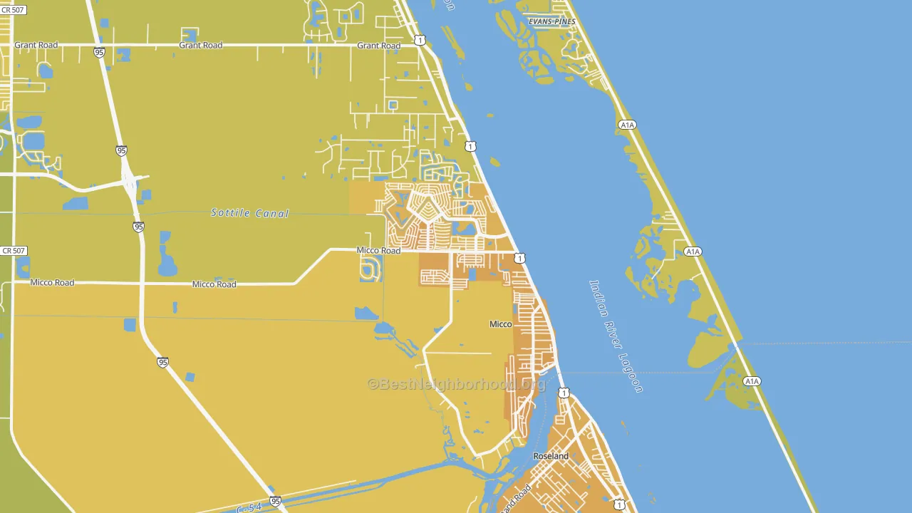 Map of the best neighborhoods in the 32976 area, with better matches in green and worse matches in red