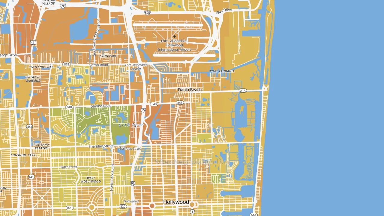 Map of the best neighborhoods in the 33004 area, with better matches in green and worse matches in red