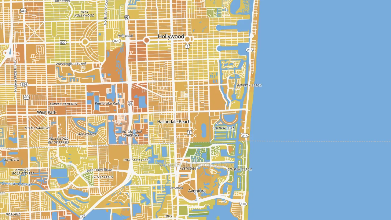 Map of the best neighborhoods in the 33009 area, with better matches in green and worse matches in red