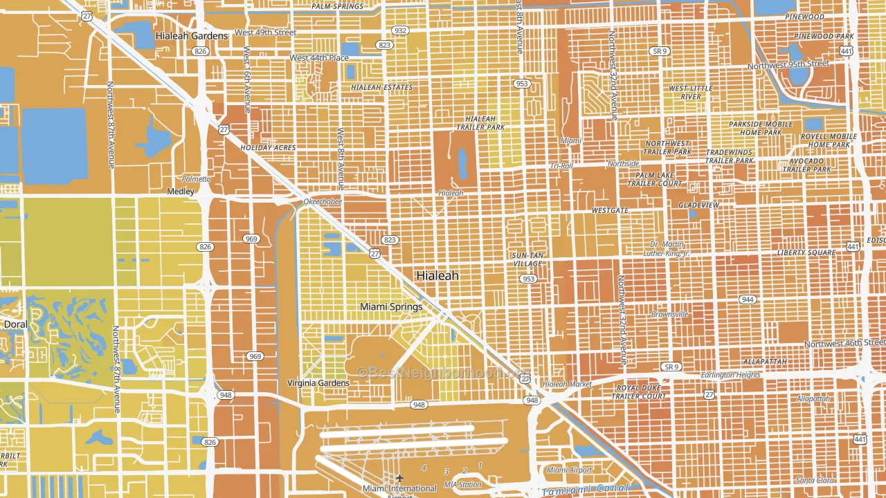 Map of the best neighborhoods in the 33010 area, with better matches in green and worse matches in red