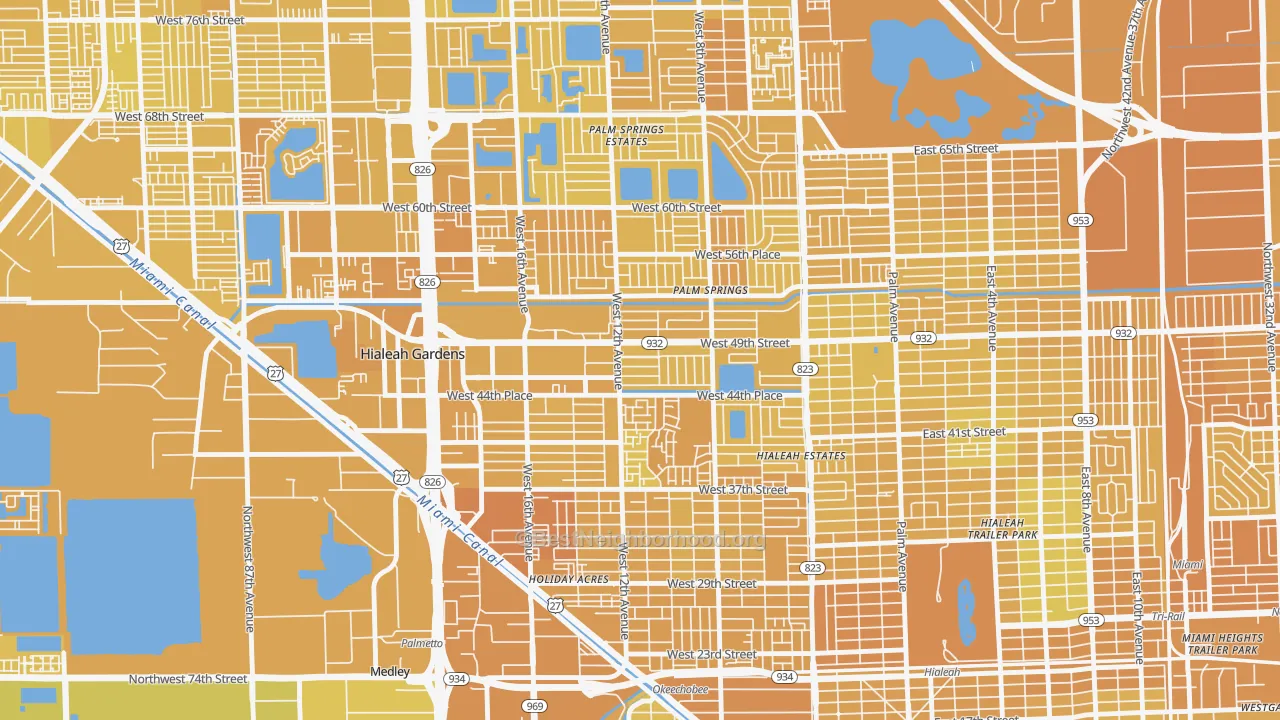 Map of the best neighborhoods in the 33012 area, with better matches in green and worse matches in red