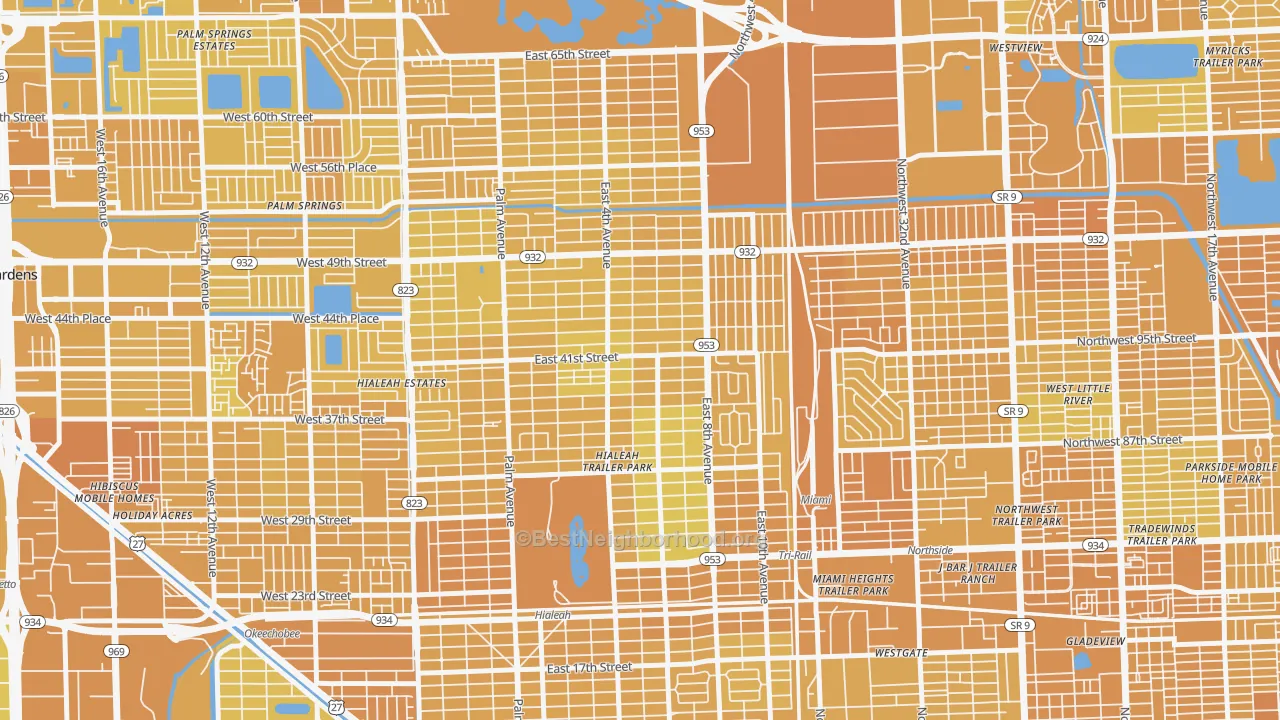 Map of the best neighborhoods in the 33013 area, with better matches in green and worse matches in red