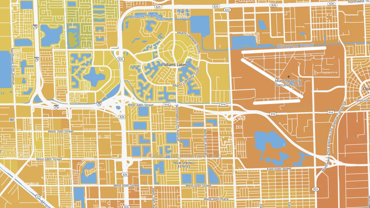 Map of the best neighborhoods in the 33014 area, with better matches in green and worse matches in red